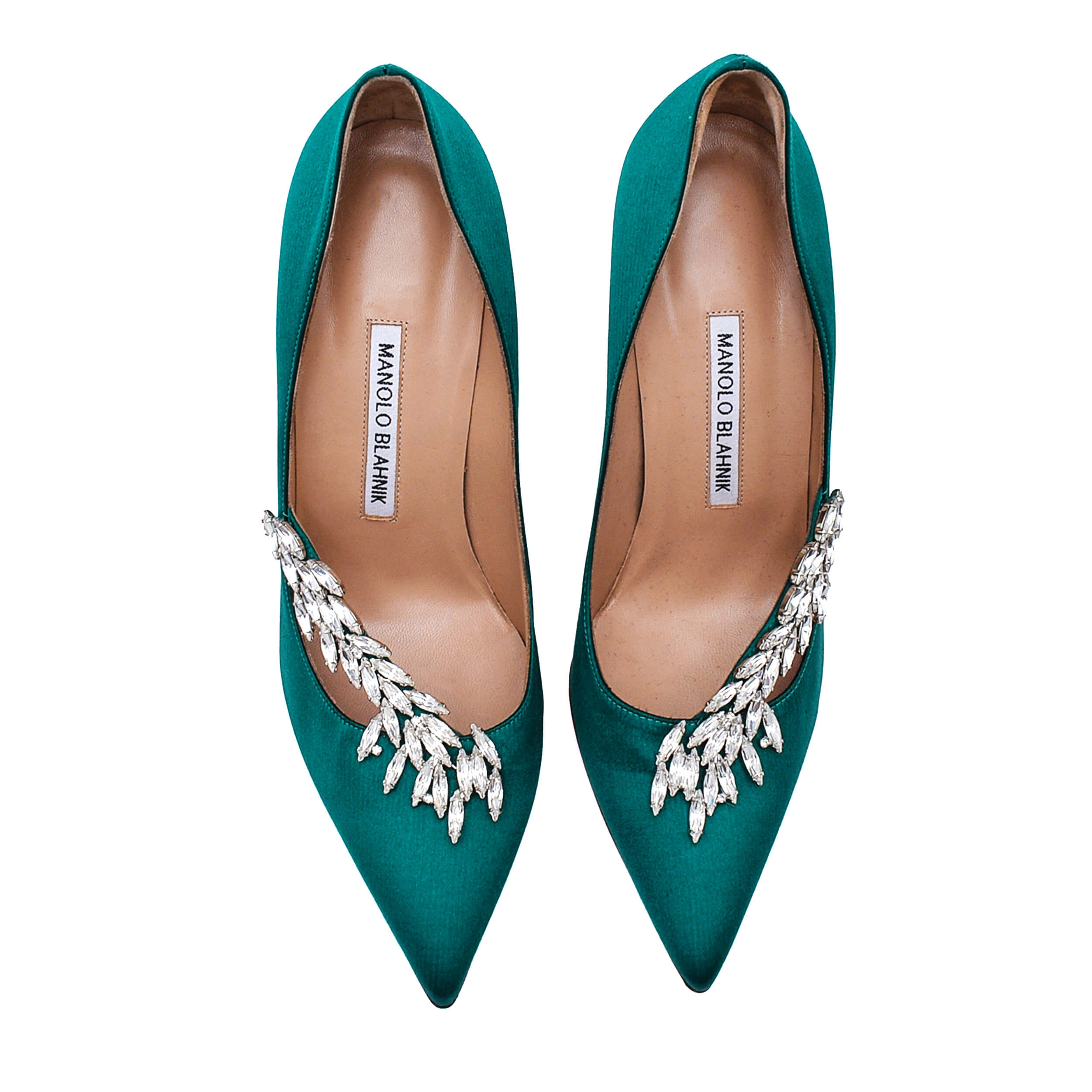 Manolo Blahnik - Green Satin Nadira Jewel Buckle Pumps/38